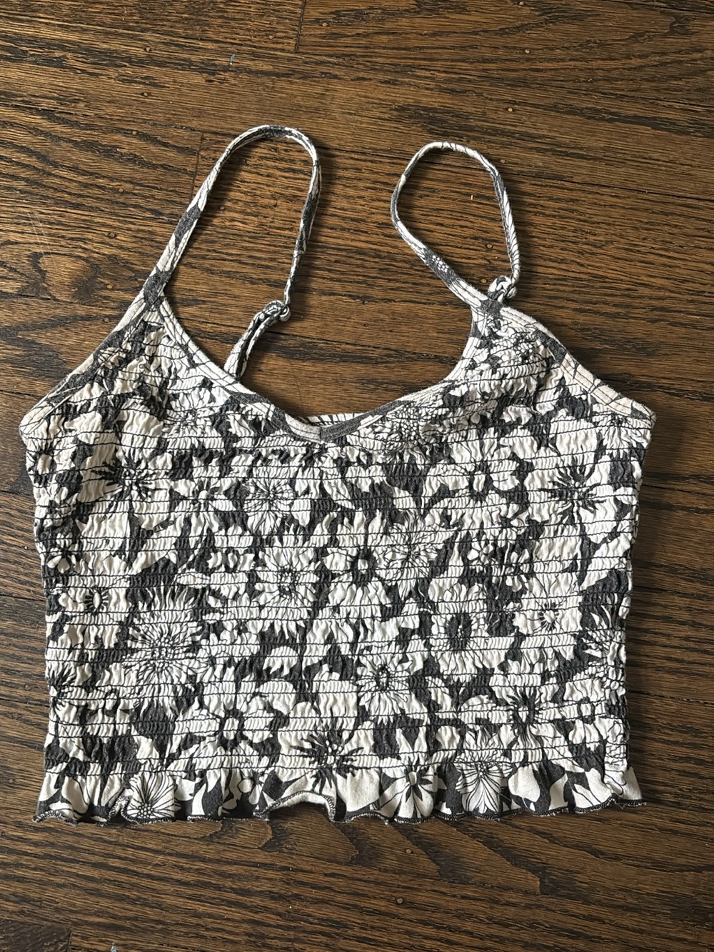 Smocked Floral Cami Tank Top in Black and Cream American eagle